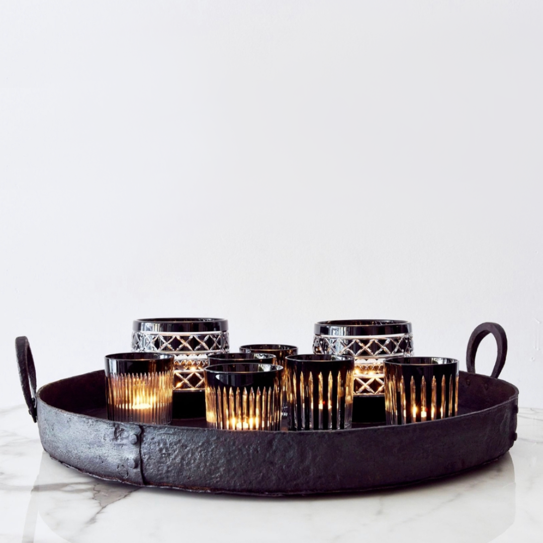 Hand Blown and Cut Crystal Lanterns - Black and Clear - perfect to hold a candle or as a vase - variety of sizes and styles pictured in a metal drinks tray - Tabletop Candle Holders available at LOVINLIFE Co Byron Bay for all your gifts, candles and interior decorating needs