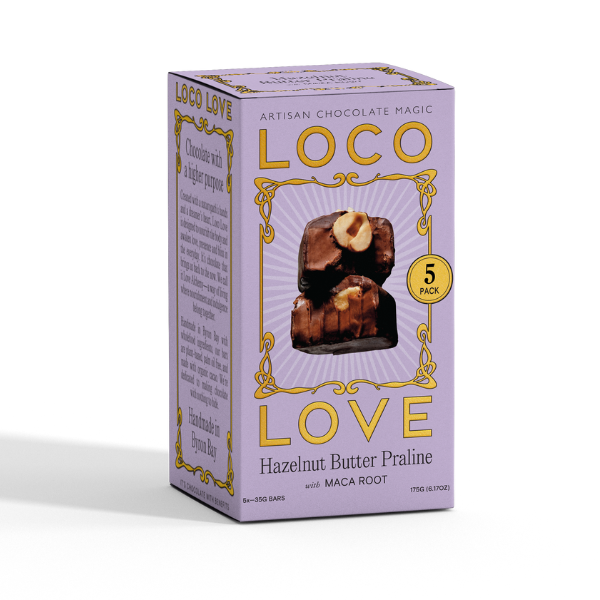 Purple box of Loco Love Hazelnut Butter Praline with Maca Root chocolate bars. 5 Pack. Vegan, gluten-free, sustainably sourced and no refined sugars. Each box contains 2 x chocolates.
Available LOVINLIFE Co Byron Bay.
