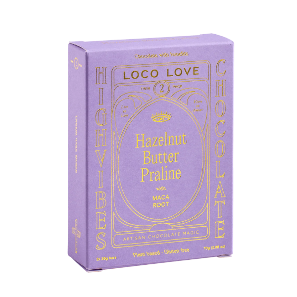 Purple box of Loco Love chocolate with gold text for Hazelnut Butter Praline. Vegan, gluten-free, sustainably sourced and no refined sugars. Each box contains 2 x chocolates.
Available LOVINLIFE Co Byron Bay.