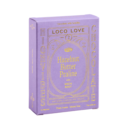 Purple box of Loco Love chocolate with gold text for Hazelnut Butter Praline. Vegan, gluten-free, sustainably sourced and no refined sugars. Each box contains 2 x chocolates.
Available LOVINLIFE Co Byron Bay.