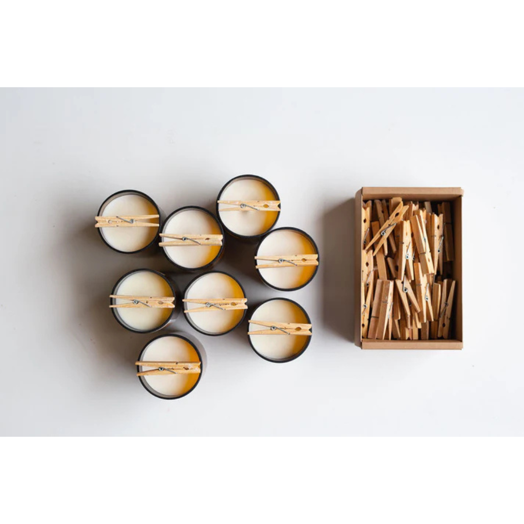 Commonfolk Heartfelt Candle - Wanaka scent with geranium + lavender - "I look over at you and see Sunshine" jar pictured from above as they're being made with pegs holding up the wicks - Stocked at LOVINLIFE Co Byron Bay for all your gifts, candles and interior decorating needs