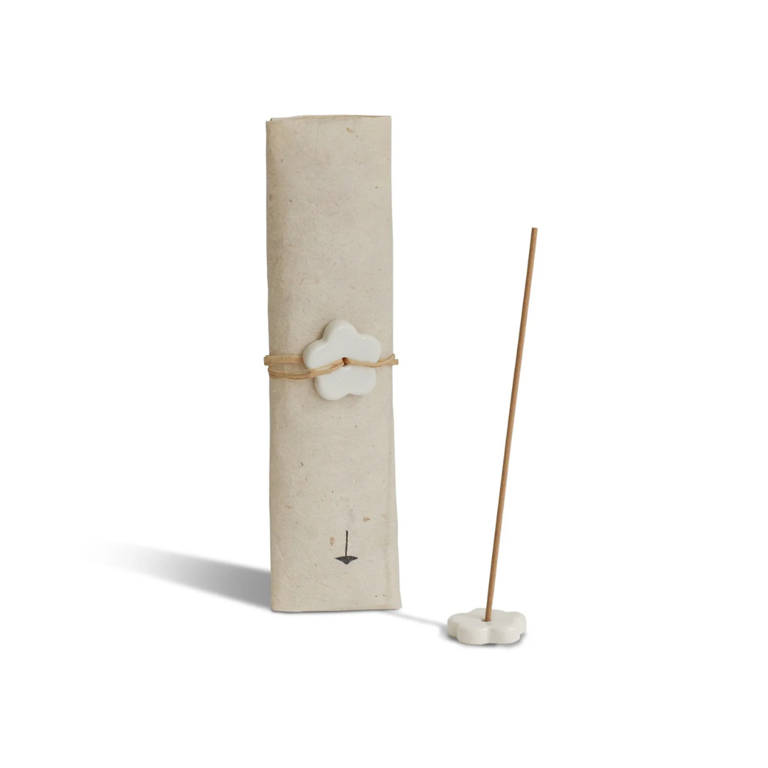 Incense Set - Japanese Aged Indian Sandalwood - Creamy · Woody · Sweet scent - picture of an incense stick standing in the holder with the packet standing next to it - Stocked at LOVINLIFE Co Byron Bay for all your gifts, candles and interior decorating needs