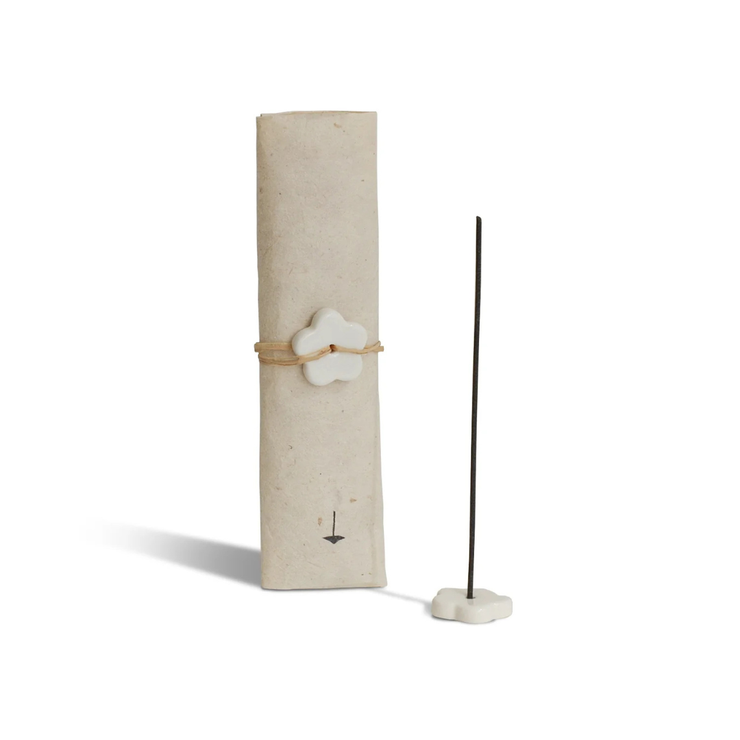 Incense Set - Japanese Frankincense - Resinous · Balsamic · Citrusy scent - picture of an incense stick standing in the holder with the packet standing next to it - Stocked at LOVINLIFE Co Byron Bay for all your gifts, candles and interior decorating needs