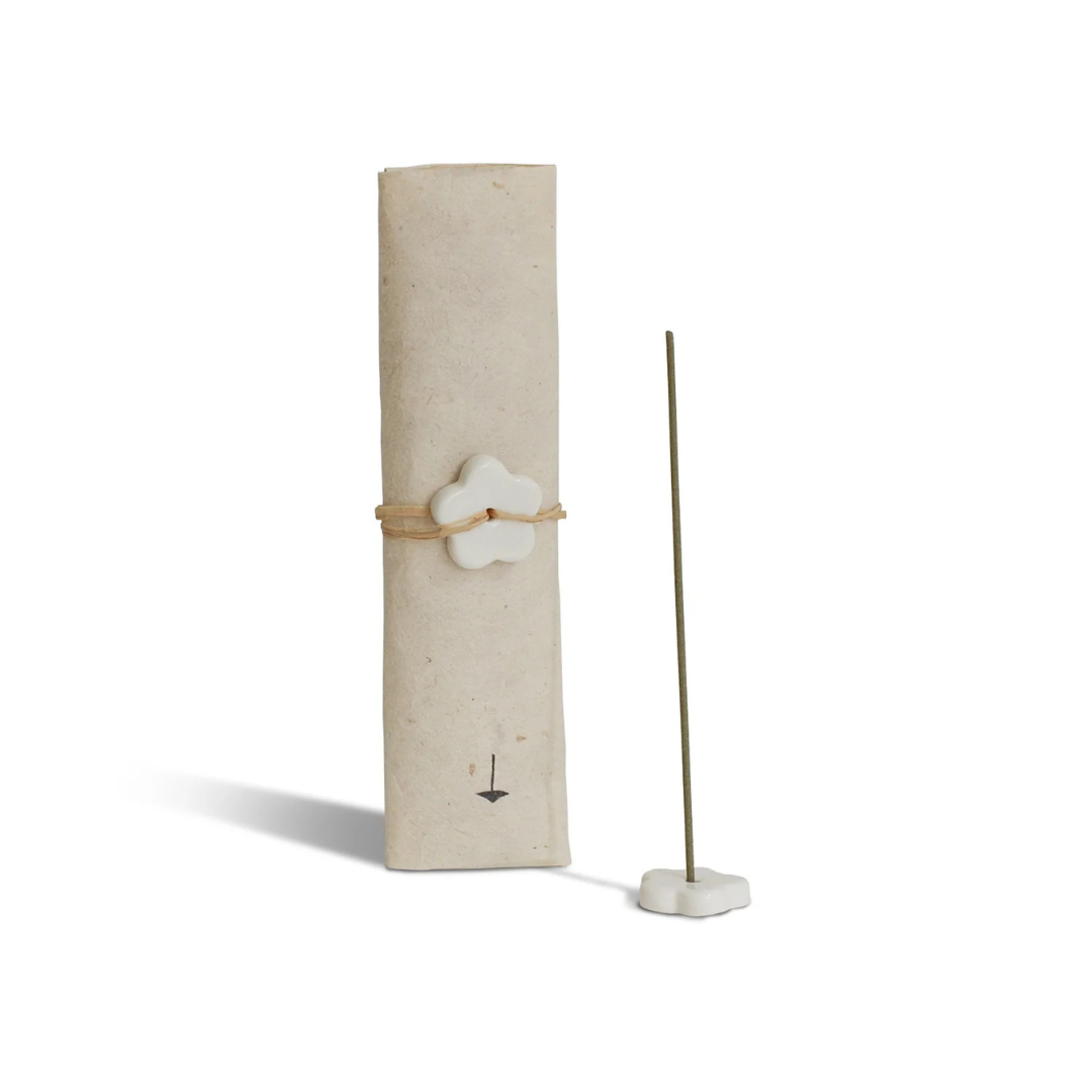 Incense Set - Japanese Hinoki - Earthy · Foresty · Grounding scent - picture of an incense stick standing in the holder with the packet standing next to it - Stocked at LOVINLIFE Co Byron Bay for all your gifts, candles and interior decorating needs