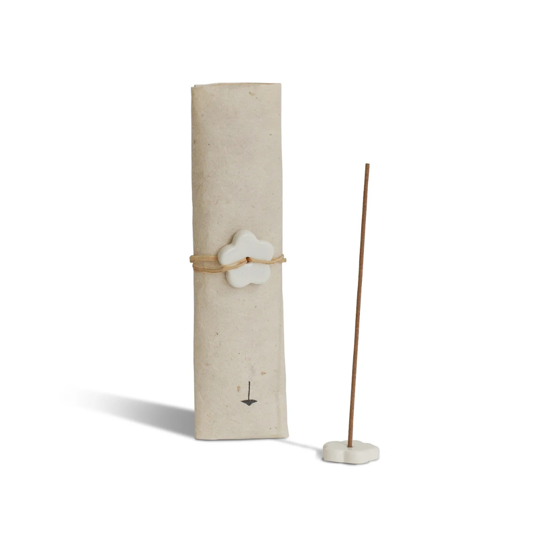 Incense Set - Japanese White Sage - Herbaceous · Earthy · Minty scent - picture of an incense stick standing in the holder with the packet standing next to it - Stocked at LOVINLIFE Co Byron Bay for all your gifts, candles and interior decorating needs