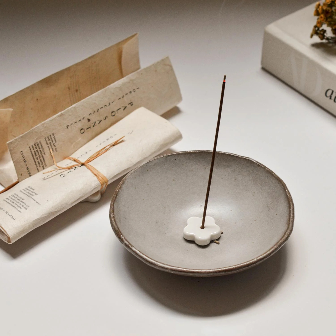 Incense Set - picture of an incense stick standing in the holder, placed in a clay smudging bowl next to other incense sets - Stocked at LOVINLIFE Co Byron Bay for all your gifts, candles and interior decorating needs