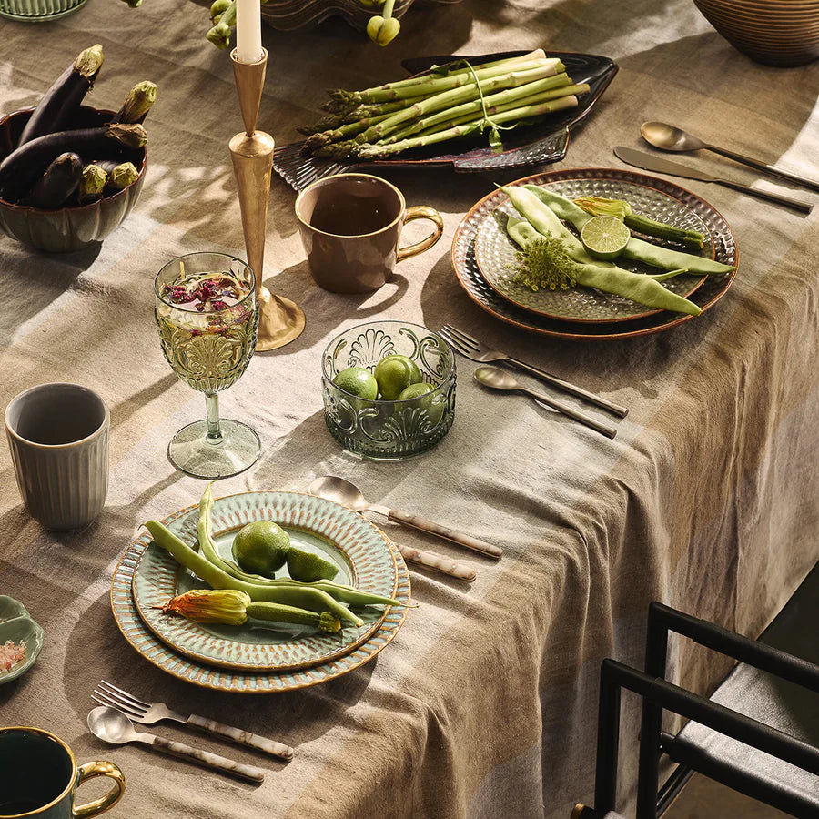 Iris Brass Candle Stand on a dressed table with a green theme - available at LOVINLIFE Co Byron Bay for all your gifts, candles and interior decorating needs