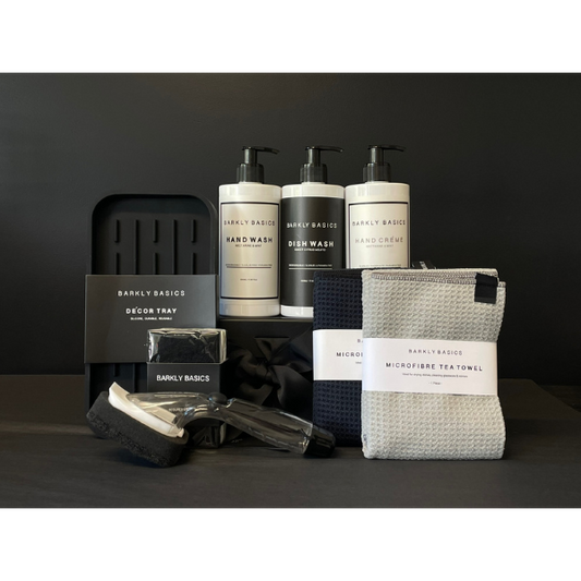 Kitchen Basics Deluxe Gift Box containing Dish Wash, Hand Wash, Hand Creme, Dish Stick, Scourers, Tea Towel and Silicone Tray. Available at LOVINLIFE Co Byron Bay