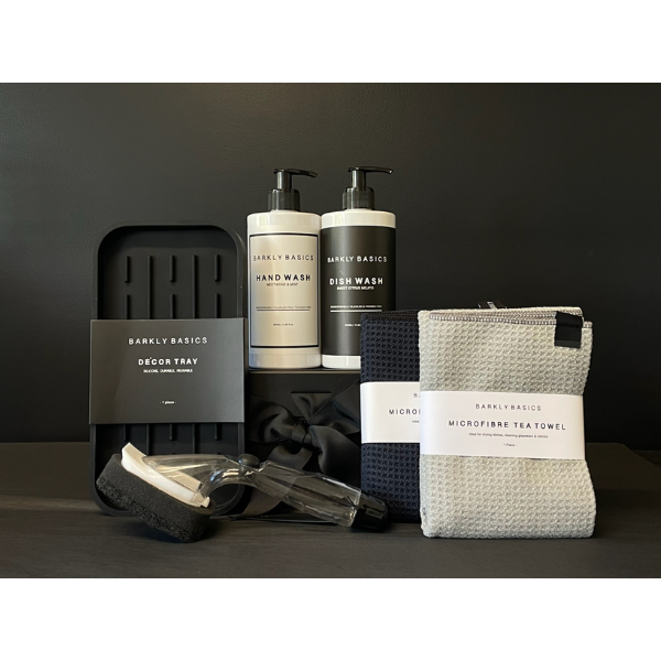 Kitchen Basics Gift Box containing Dish Wash, Hand Wash, Dish Stick, Tea Towel and Silicone Tray. Available at LOVINLIFE Co Byron Bay