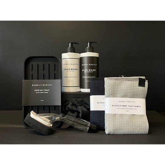 Kitchen Basics  Gift Box containing Dish Wash, Hand Wash, Dish Stick, Tea Towel and Silicone Tray. Available at LOVINLIFE Co Byron Bay