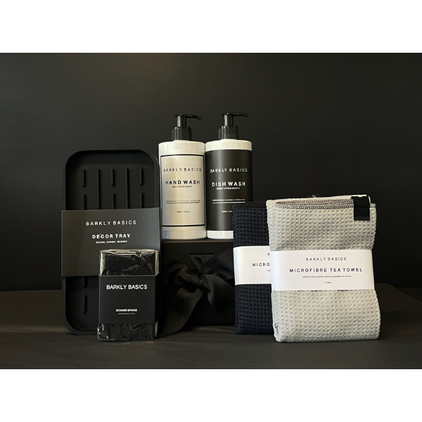 Kitchen Basics Deluxe Gift Box containing Dish Wash, Hand Wash, Scourers, Tea Towel and Silicone Tray. Available at LOVINLIFE Co Byron Bay