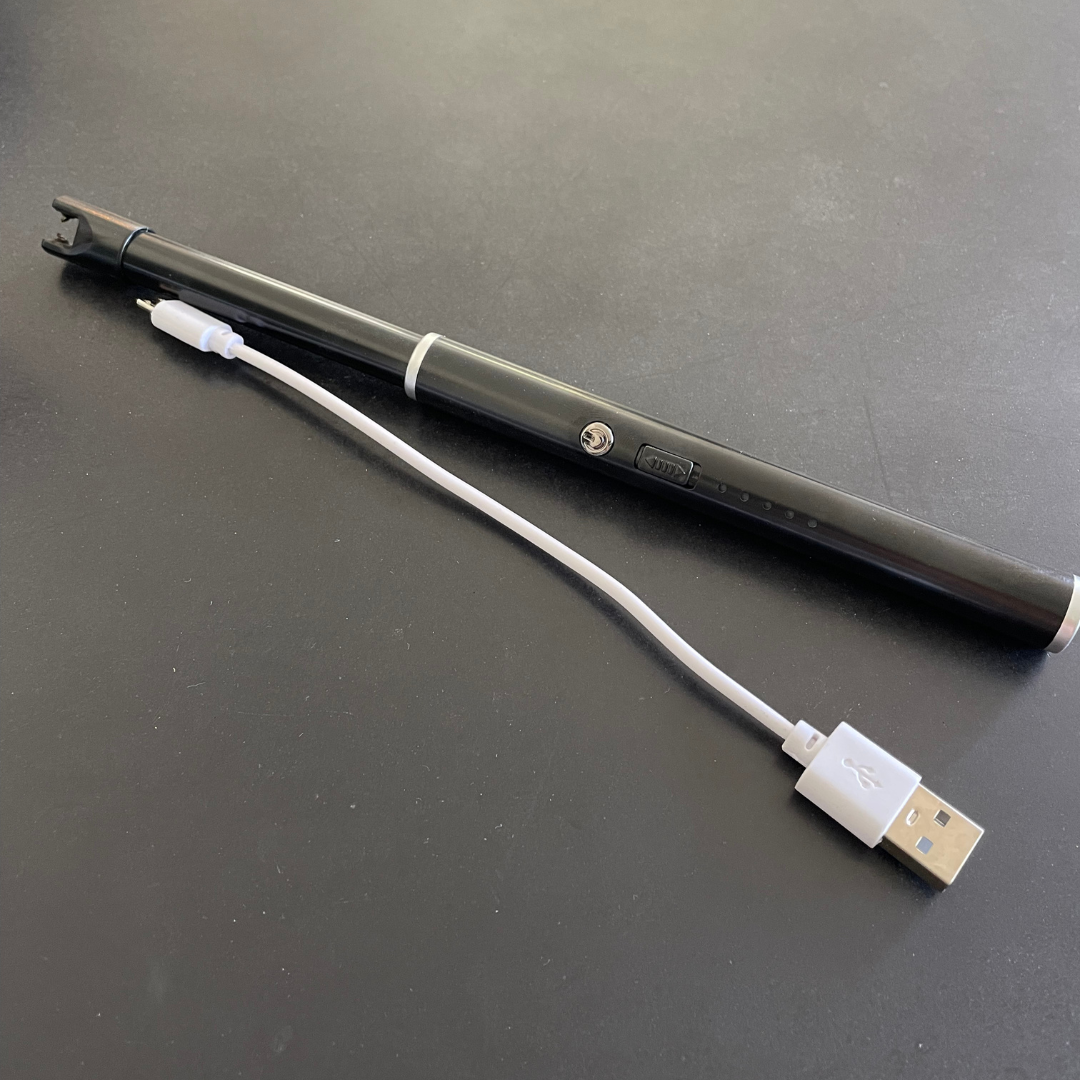 USB Rechargeable Candle and Incense Lighter - Black Lighter pictured with USB charging cable - Stocked at LOVINLIFE Co Byron Bay for all your gifts, candles and interior decorating needs