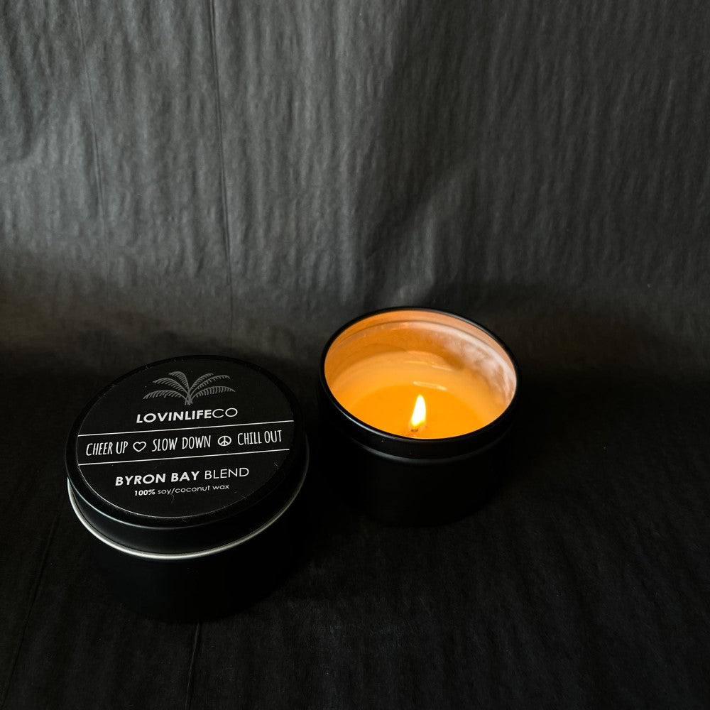 Custom All Natural Candle - Signature Byron Bay Blend Travel Tin - Coconut Lotus and Patchouli - Handmade by LOVINLIFE CO Byron Bay - in a Reusable Travel Tin - Available for Wholesale