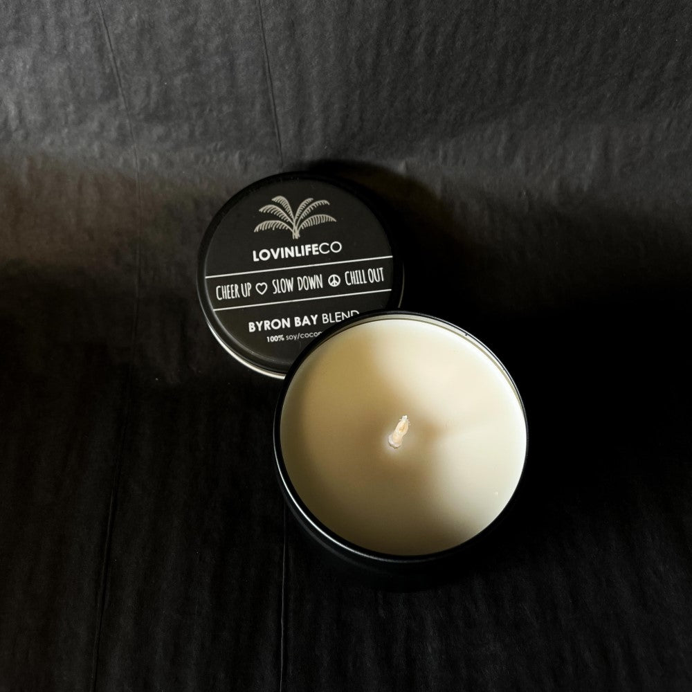 Custom All Natural Candle - Signature Byron Bay Blend Travel Tin - Coconut Lotus and Patchouli - Handmade by LOVINLIFE CO Byron Bay - in a Reusable Travel Tin - Available for Wholesale