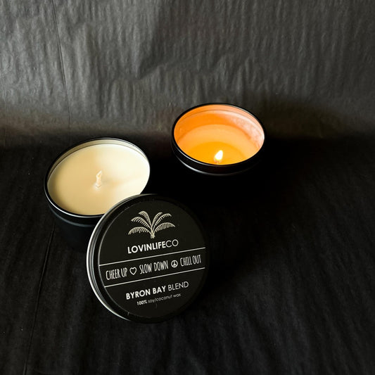 Custom All Natural Candle - Signature Byron Bay Blend Travel Tin - Coconut Lotus and Patchouli - Handmade by LOVINLIFE CO Byron Bay - in a Reusable Travel Tin - Available for Wholesale
