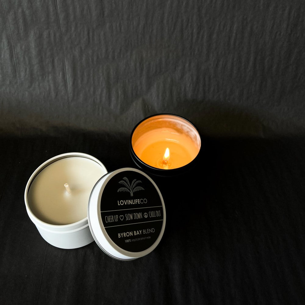 Custom All Natural Candle - Signature Byron Bay Blend Travel Tin - Coconut Lotus and Patchouli - Handmade by LOVINLIFE CO Byron Bay - in a Reusable Travel Tin - Available for Wholesale