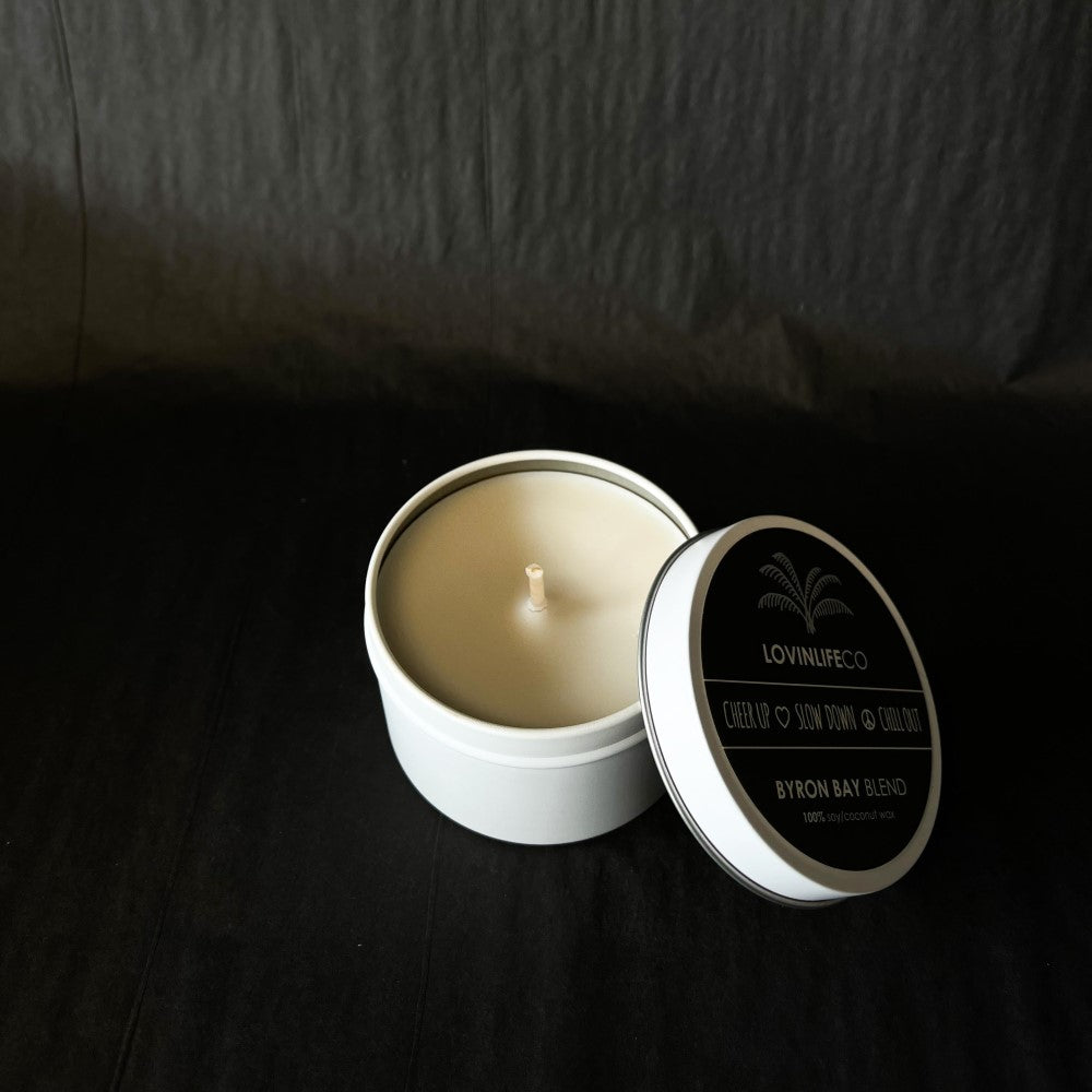 Custom All Natural Candle - Signature Byron Bay Blend Travel Tin - Coconut Lotus and Patchouli - Handmade by LOVINLIFE CO Byron Bay - in a Reusable Travel Tin - Available for Wholesale