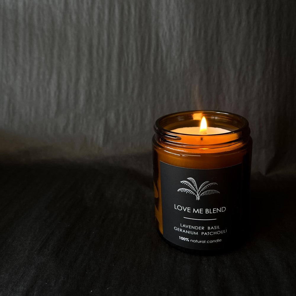 Lovinlife Co ByronBay - Signature Bath Salts and Candles Range, also available for wholesale - Custom All Natural – Small Single Wick Love Me Candle pictured from side with lid off and alight - Lavender Basil Geranium Patchouli - Handmade by LOVINLIFE CO Byron Bay - Available for Wholesale
