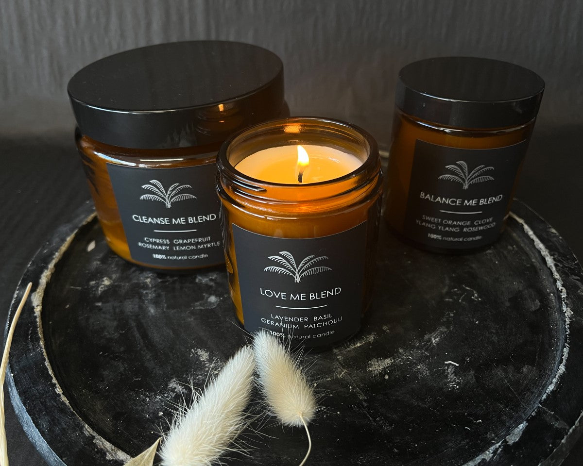 Lovinlife Co ByronBay - Signature Candle Range, also available for wholesale - Cleanse Me, Love Me and Balance Me Candles pictured on wooden serving tray - available at LOVINLIFE Co Byron Bay for all your gifts, candles and interior decorating needs