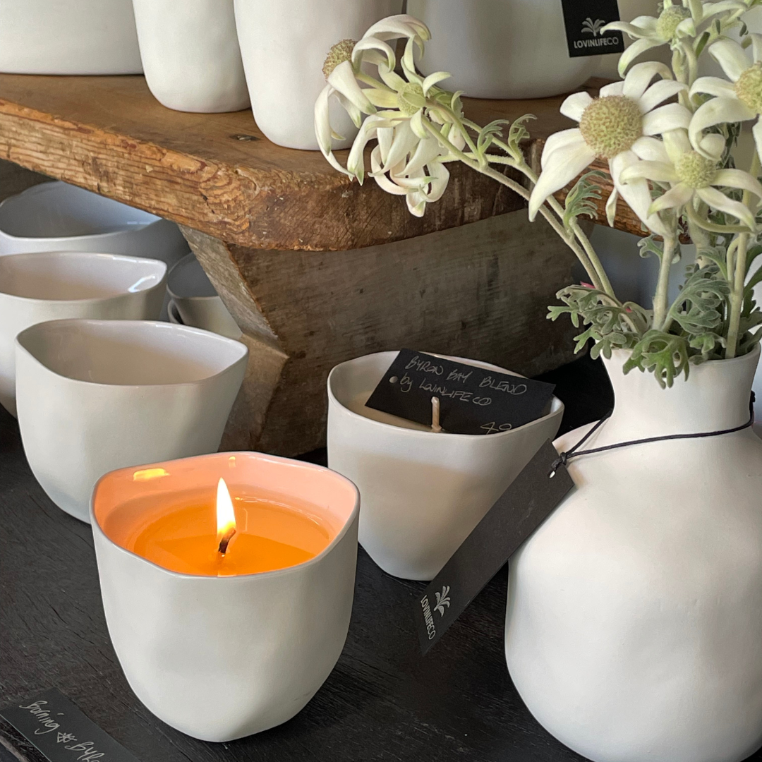 Custom All Natural Candle - Signature Byron Bay Blend Ceramic - Coconut Lotus and Patchouli - Handmade by LOVINLIFE CO Byron Bay - in a Reusable Ceramic Cup - Available for Wholesale