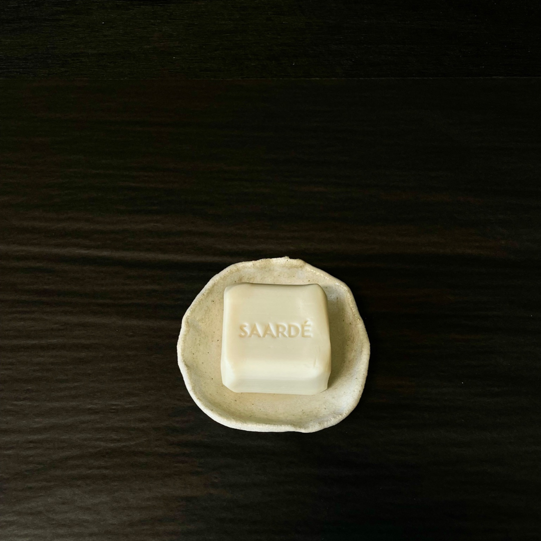Lovinlife Co ByronBay – handmade Ceramic Smudging Plate for your Smudge sticks or Palo Santo, soap or trinkets – size 3 pictured as a flay lay holding Olive Oil Bar Soap by Saarde - available at LOVINLIFE Co Byron Bay for all your gifts, candles and interior decorating needs