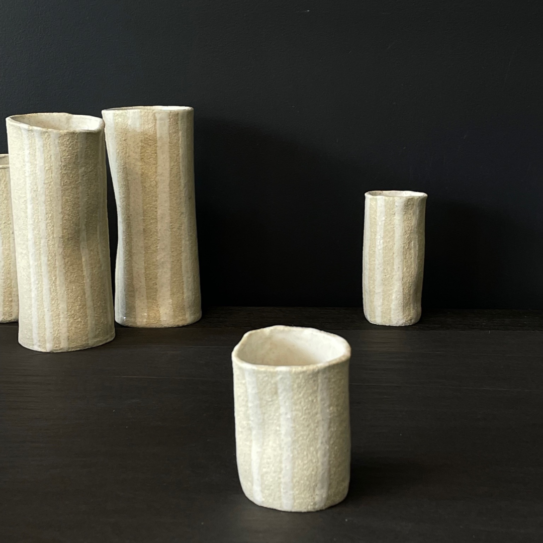 Lovinlife Co ByronBay - Handmade Signature Ceramics Range - Natural white clay vases finished with a ‘milk gloss’ hand painted glaze detail - The Stripe Series, Ceramic Vase V3 - Small Shorty pictured infront of all other sizes - available at LOVINLIFE Co Byron Bay for all your gifts, candles and interior decorating needs