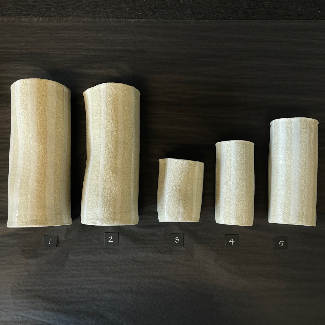 Lovinlife Co ByronBay - Handmade Signature Ceramics Range - Natural white clay vases finished with a ‘milk gloss’ hand painted glaze detail - The Stripe Series, all sizes pictured as a flat lay - available at LOVINLIFE Co Byron Bay for all your gifts, candles and interior decorating needs