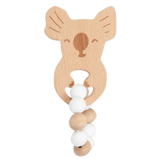 Wooden teething toy - Koko Koala Ring  with Natural & White coloured wood beads - Available at LOVINLIFE Co Byron Bay