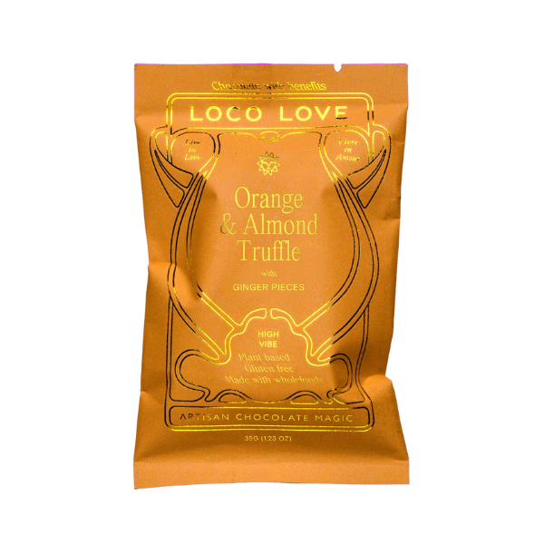 Orange packaging of Loco Love Orange & Almond Truffle Chocolates. Vegan, gluten-free, sustainably sourced and no refined sugars. 
Available LOVINLIFE Co Byron Bay.