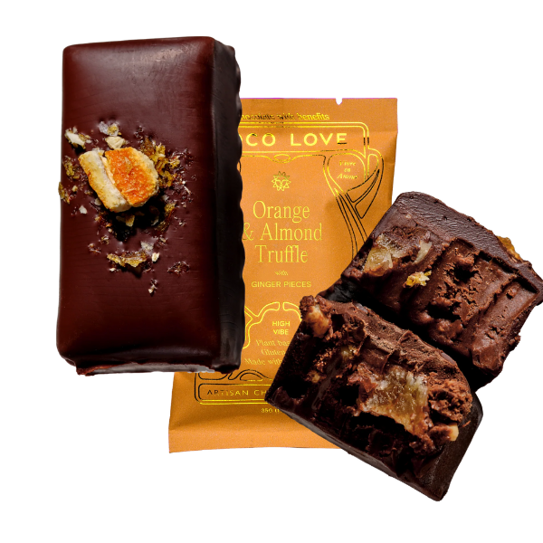 Images shows unwrapped and wrapped (orange) Loco Love Orange & Almond Truffle Chocolates. Vegan, gluten-free, sustainably sourced and no refined sugars. 
Available LOVINLIFE Co Byron Bay.