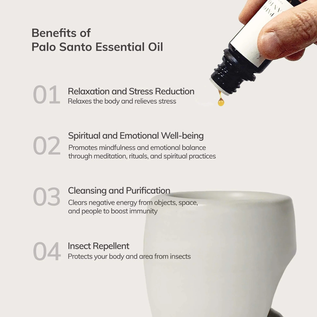 Benefits of Palo Santo Essential Oil - info graphic with picture of oil bottle dripping drops of oil into a diffuser in the background - Stocked at LOVINLIFE Co Byron Bay for all your gifts, candles and interior decorating needs