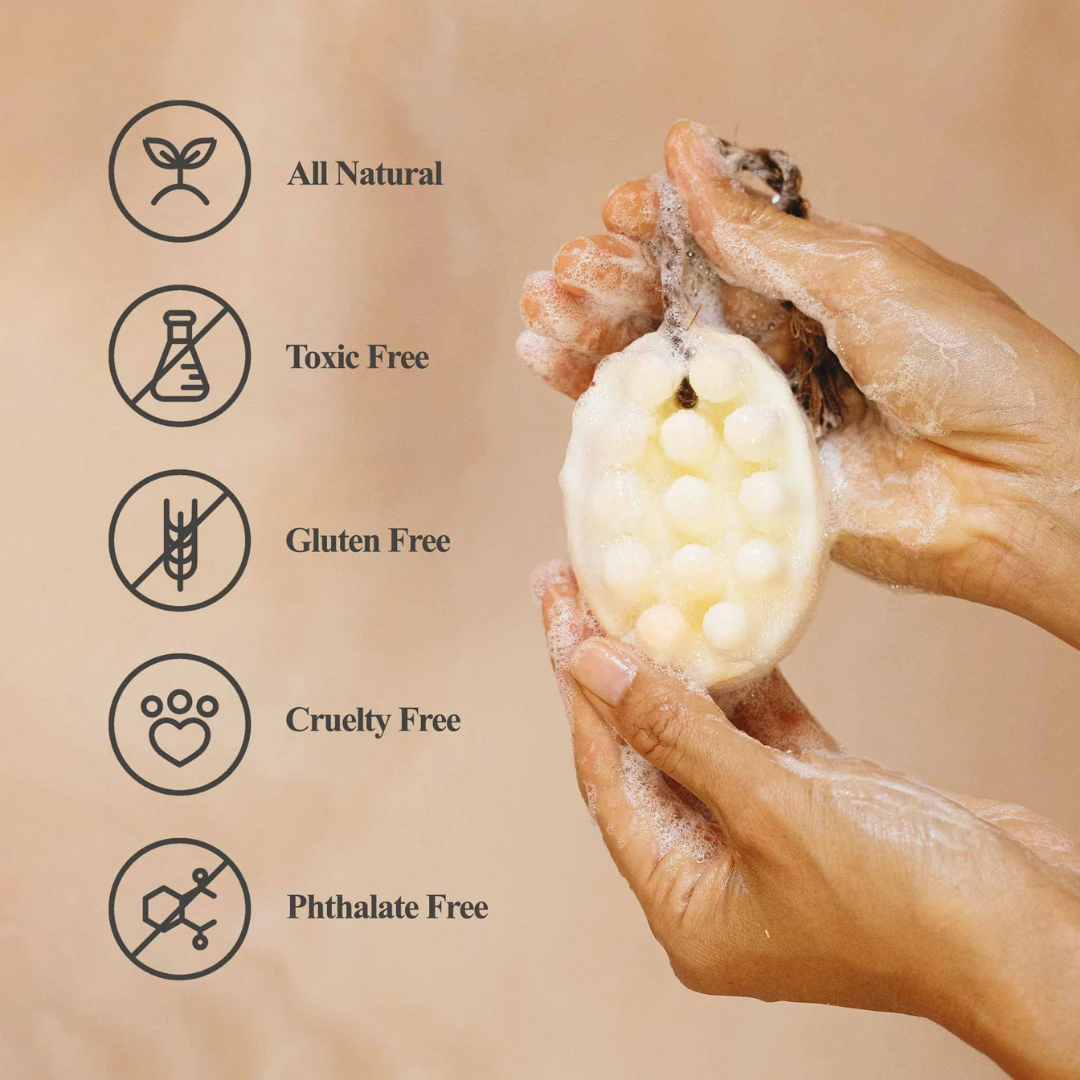 Palo Santo Bar Soap - white - picture of the soap on a rope with suds all over being held up next to icons for all natural, toxic free, gluten free, cruelty free and phthalate free - Stocked at LOVINLIFE Co Byron Bay for all your gifts, candles and interior decorating needs