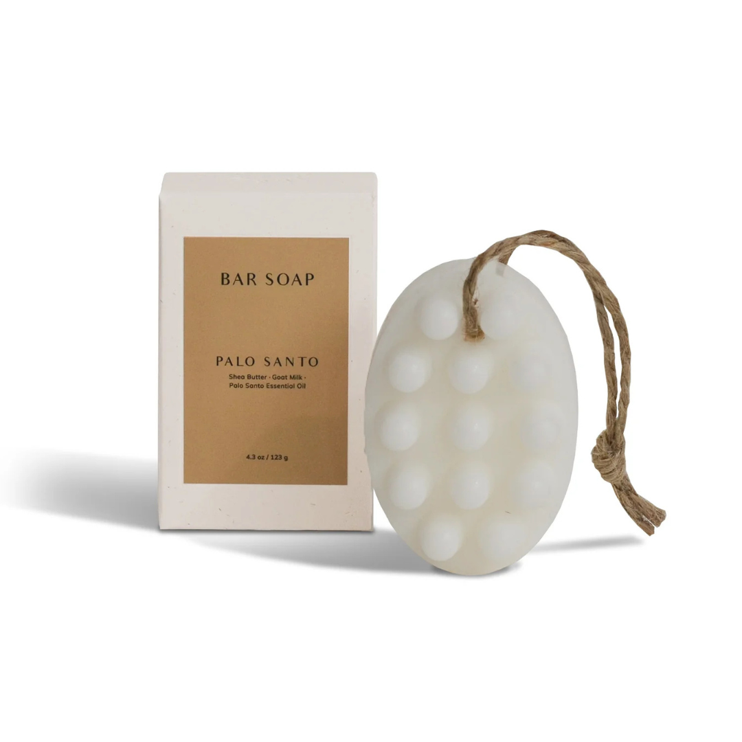Palo Santo Bar Soap - white - picture of the soap on a rope standing upright next to the box - Stocked at LOVINLIFE Co Byron Bay for all your gifts, candles and interior decorating needs