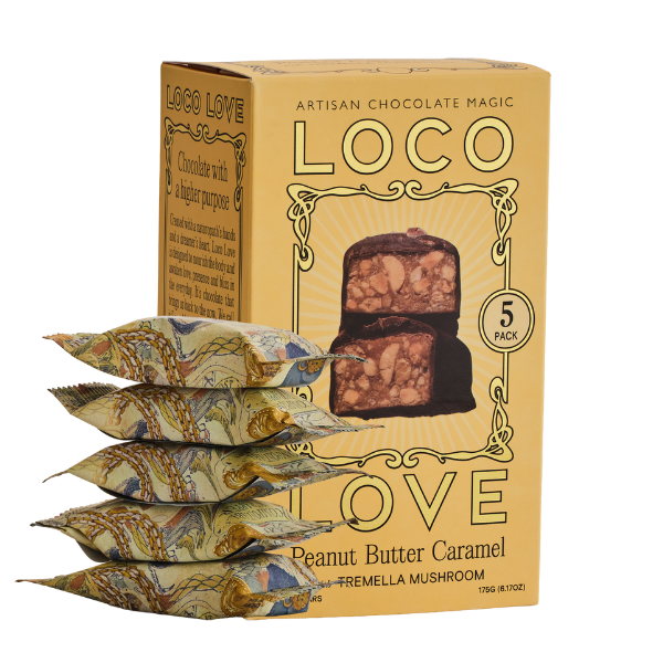 5 Pack, Yellow box of Loco Love Peanut Butter Caramel with Tremella Mushroom chocolate bars, next to stack of 5 chocolates. Vegan, gluten-free, sustainably sourced and no refined sugars. Each box contains 2 x chocolates.
Available LOVINLIFE Co Byron Bay.