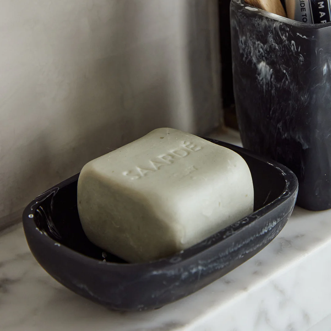 Lovinlife Co ByronBay – Saarde Clay Olive Oil Bar Soap – draws out impurities from blocked pores, beneficial for acne prone or oily skin - unscented – soap bar pictured in black resin soap dish - available at LOVINLIFE Co Byron Bay for all your gifts, candles and interior decorating needs