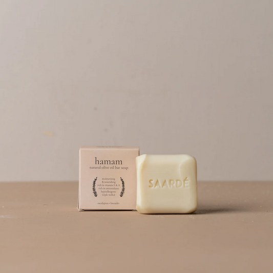 Lovinlife Co ByronBay – Saarde Hamam (Natural) Olive Oil Bar Soap – Lavender, Eucalyptus and Rosemary scent – pictured on bench with box - available at LOVINLIFE Co Byron Bay for all your gifts, candles and interior decorating needs
