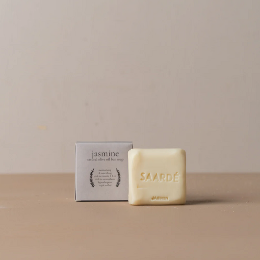 Lovinlife Co ByronBay – Saarde Jasmine Olive Oil Bar Soap – Jasmine Perfume - pictured on bench with box - available at LOVINLIFE Co Byron Bay for all your gifts, candles and interior decorating needs