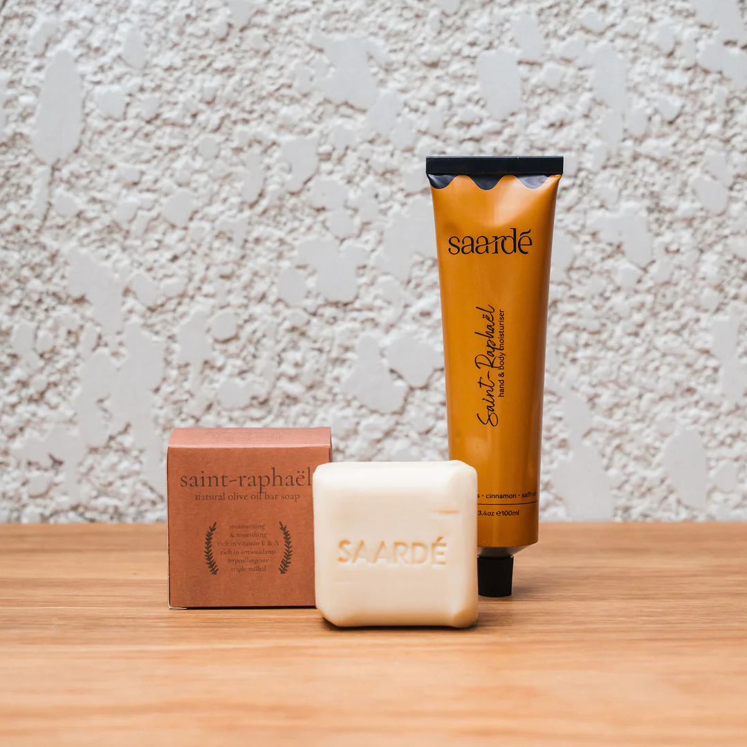Lovinlife Co ByronBay – Saarde Saint-Raphaël Olive Oil Bar Soap and hand and body moisturiser - orange blossom, saffron, lemon and cinnamon scents – pictured on wooden bench with box - available at LOVINLIFE Co Byron Bay for all your gifts, candles and interior decorating needs