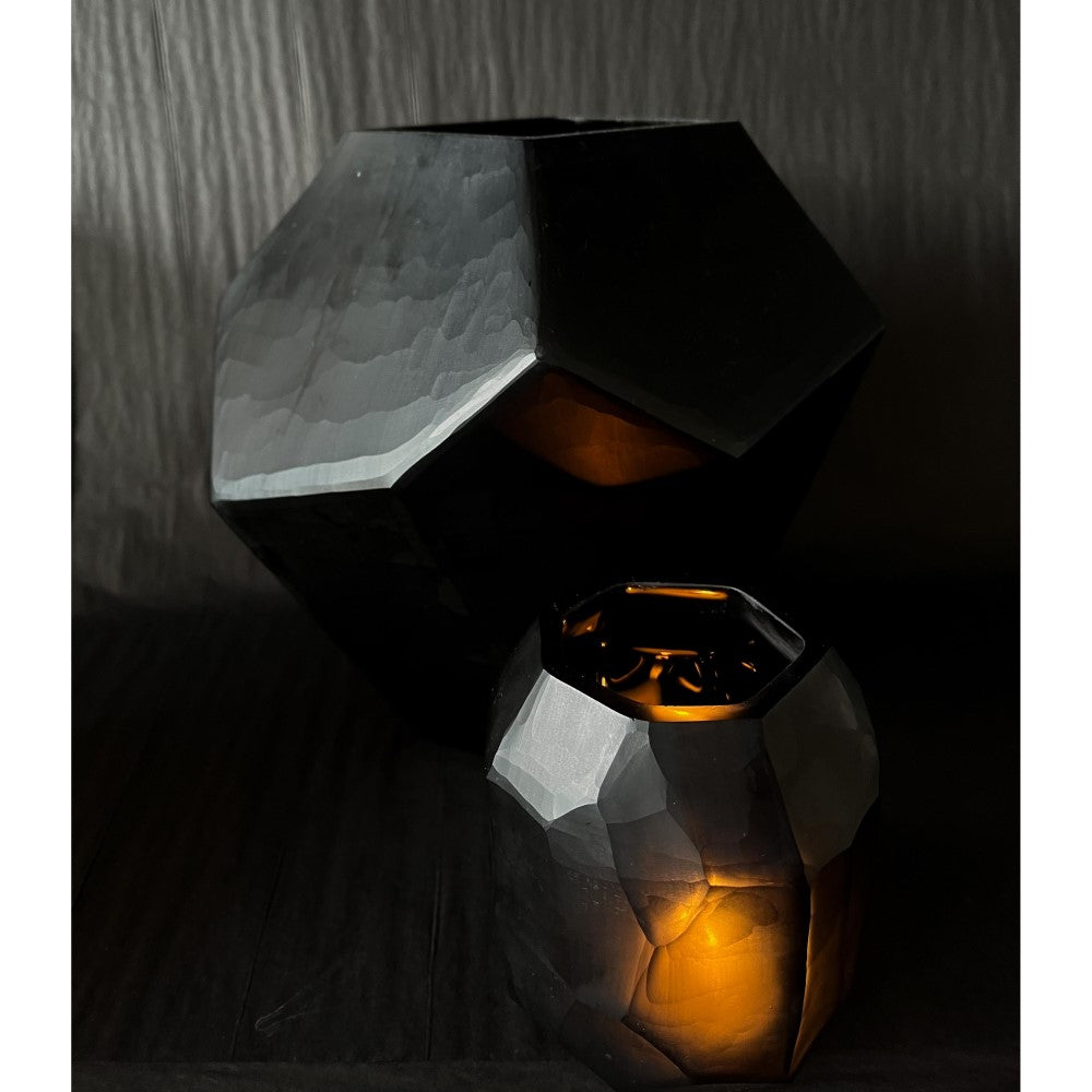 Lines Vase - Candle Holder - Organic shaped glass lantern or vase - medium - with Sculpt Black glass lantern on display at LOVINLIFE Co Byron Bay for all your gifts, candles and interior decorating needs