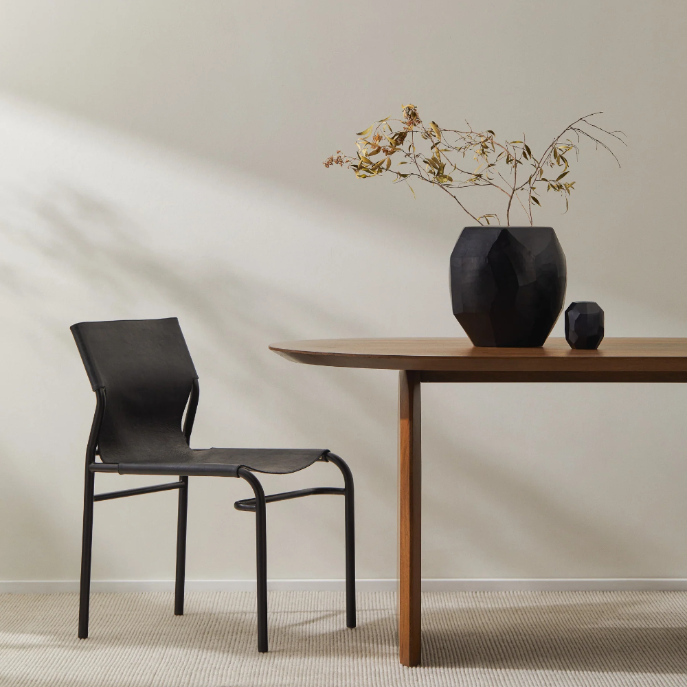 Indigo Love Sculpt Black Vase - small and Large on Table - high-quality opaque black glass with polygon shapes and geometric design - art that doubles as a functional vase or candle/tealight lantern - Stocked at LOVINLIFE Co Byron Bay for all your gifts, candles and interior decorating needs