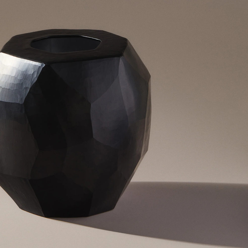 Indigo Love Sculpt Black Vase - Large - high-quality opaque black glass with polygon shapes and geometric design - art that doubles as a functional vase or candle/tealight lantern - Stocked at LOVINLIFE Co Byron Bay for all your gifts, candles and interior decorating needs