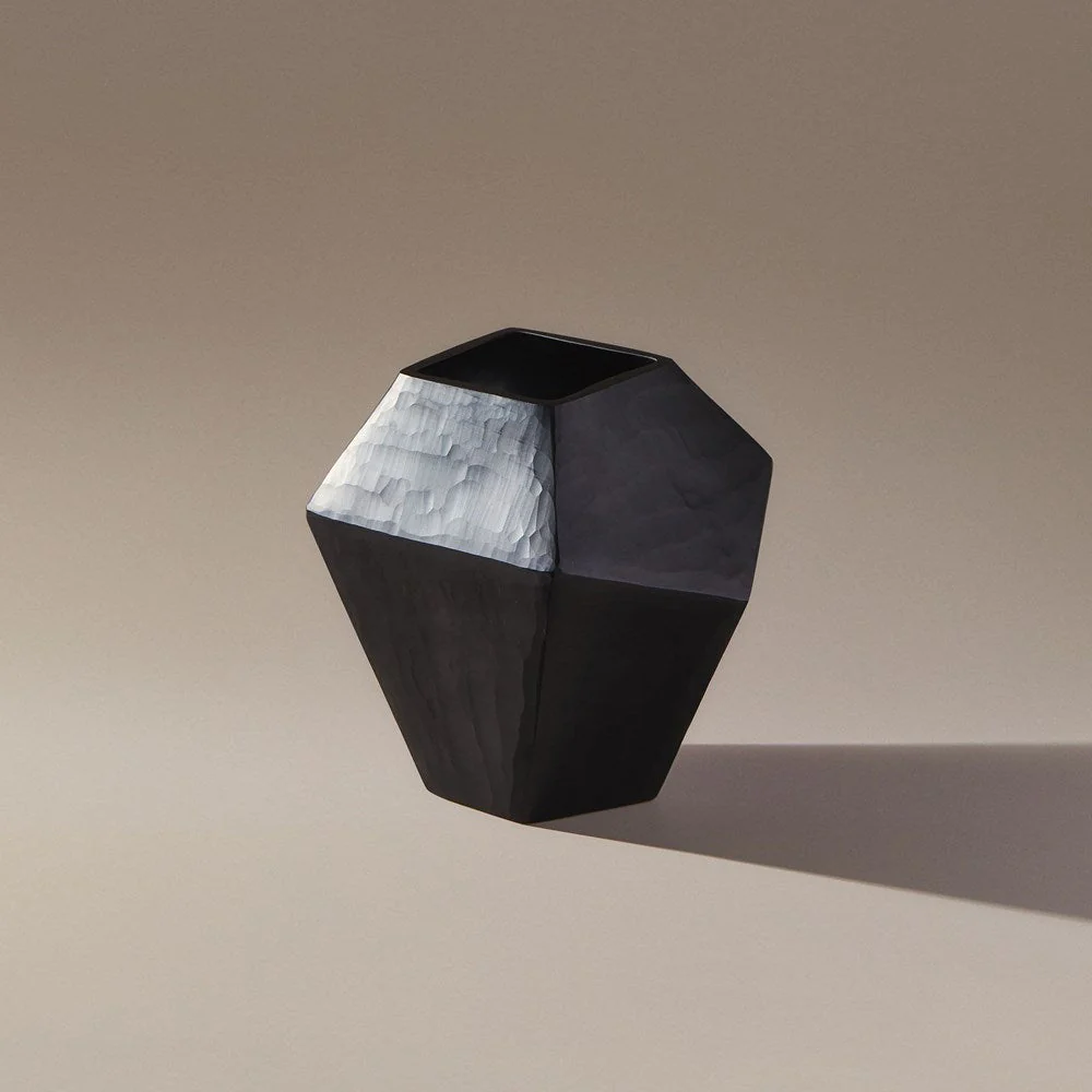 Indigo Love Sculpt Black Vase - Medium - high-quality opaque black glass with polygon shapes and geometric design - art that doubles as a functional vase or candle/tealight lantern - Stocked at LOVINLIFE Co Byron Bay for all your gifts, candles and interior decorating needs