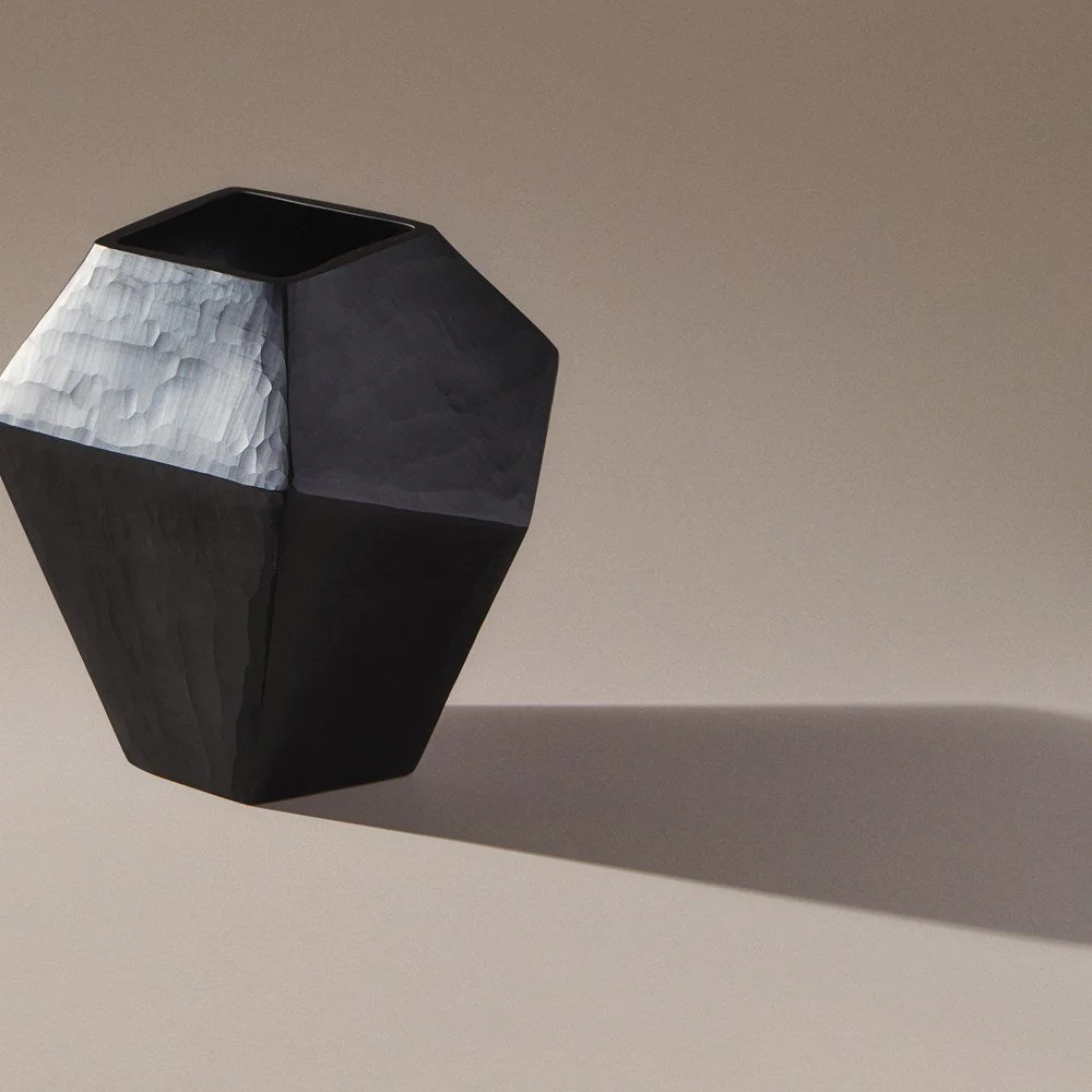 Indigo Love Sculpt Black Vase - Medium - high-quality opaque black glass with polygon shapes and geometric design - art that doubles as a functional vase or candle/tealight lantern - Stocked at LOVINLIFE Co Byron Bay for all your gifts, candles and interior decorating needs