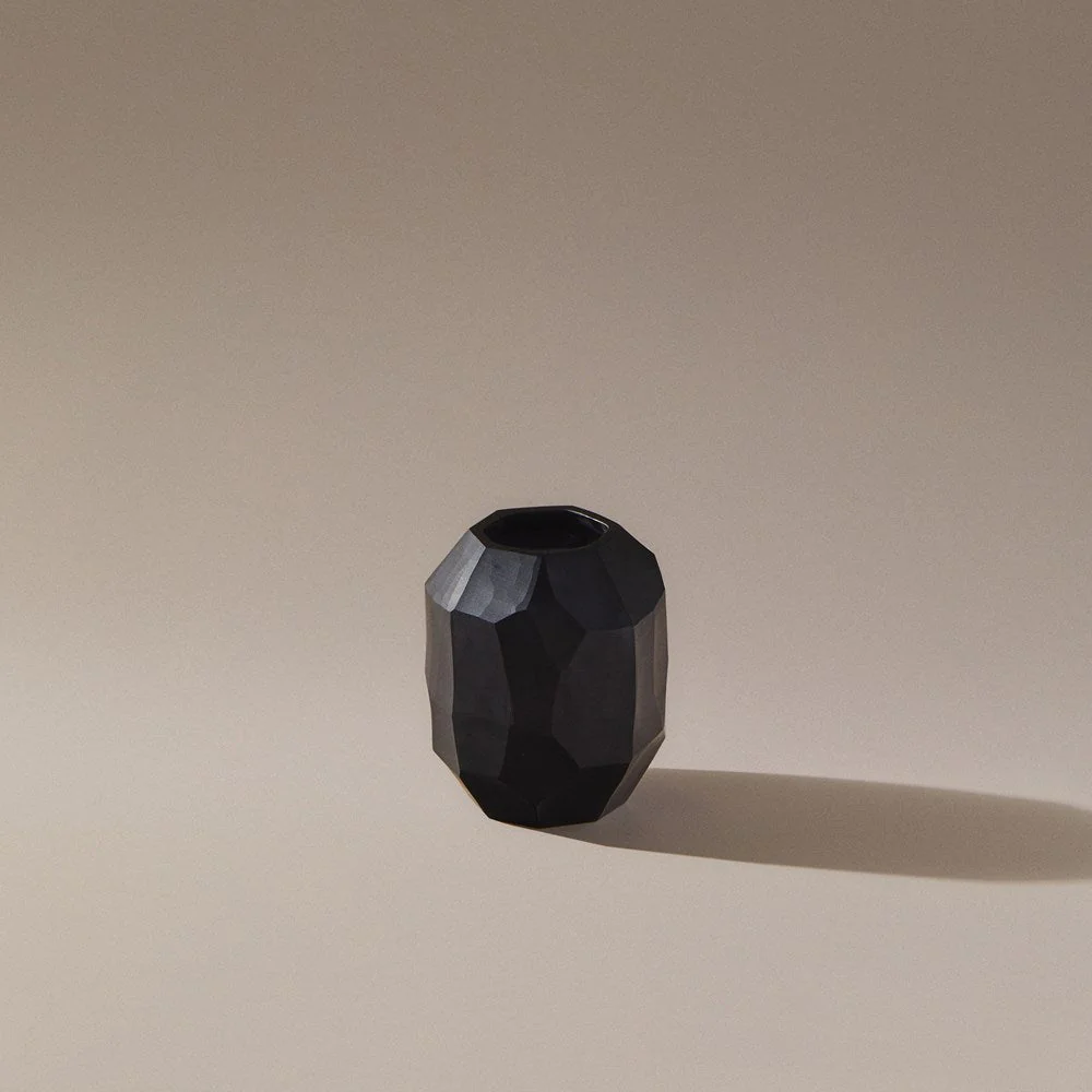 Indigo Love Sculpt Black Vase - Small - high-quality opaque black glass with polygon shapes and geometric design - art that doubles as a functional vase or tealight lantern - Stocked at LOVINLIFE Co Byron Bay for all your gifts, candles and interior decorating needs