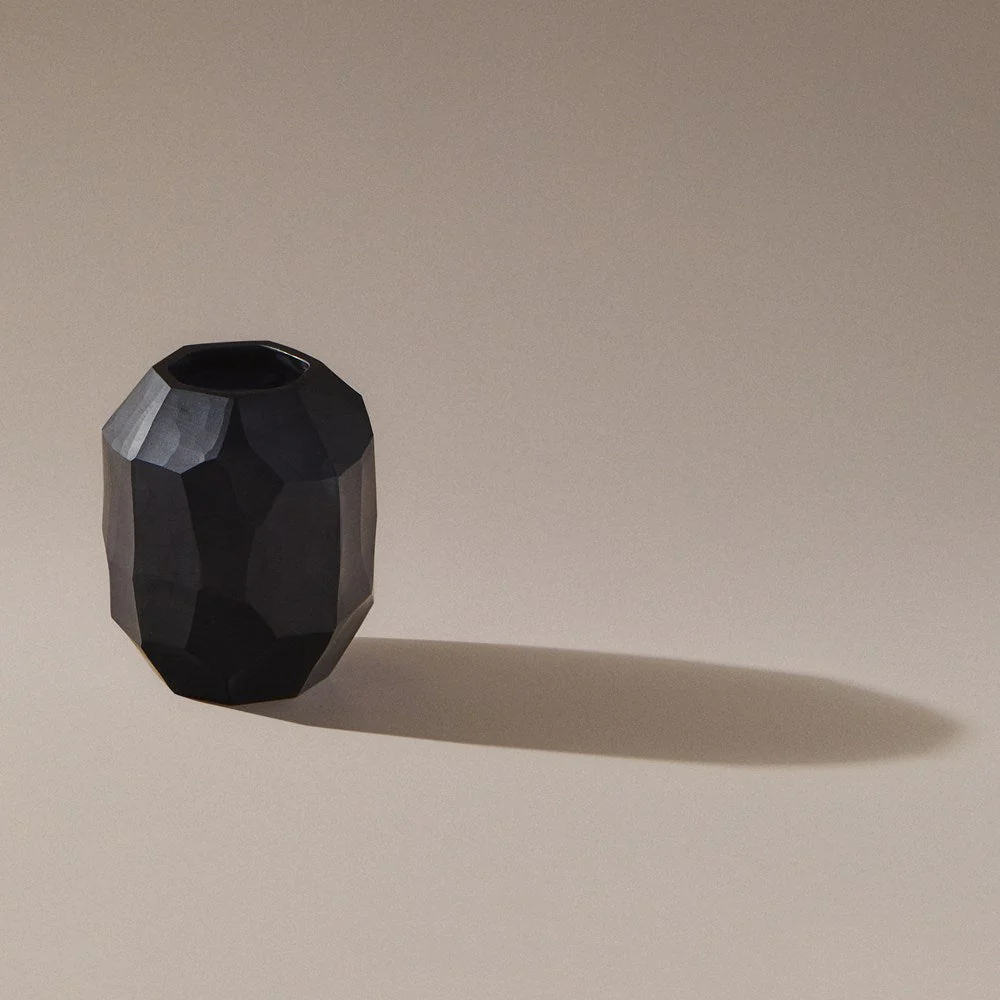 Indigo Love Sculpt Black Vase - Small - high-quality opaque black glass with polygon shapes and geometric design - art that doubles as a functional vase or tealight lantern - Stocked at LOVINLIFE Co Byron Bay for all your gifts, candles and interior decorating needs