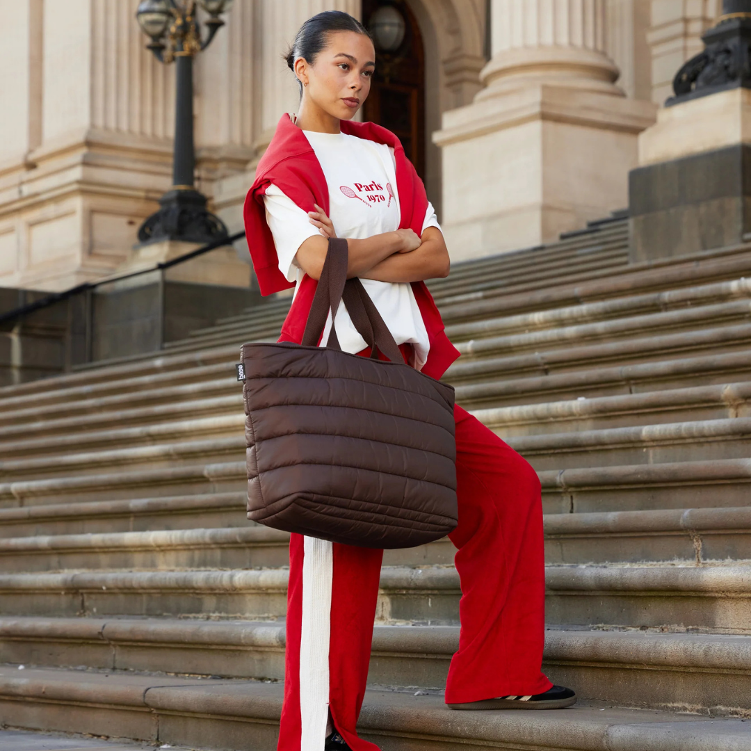 Take it Base Bag - A large soft-as-a-cloud shoulder bag for days on the go or weekends away - Chocolate bag pictured being worn on the forearm - Stocked at LOVINLIFE Co Byron Bay for all your gifts, candles and interior decorating needs