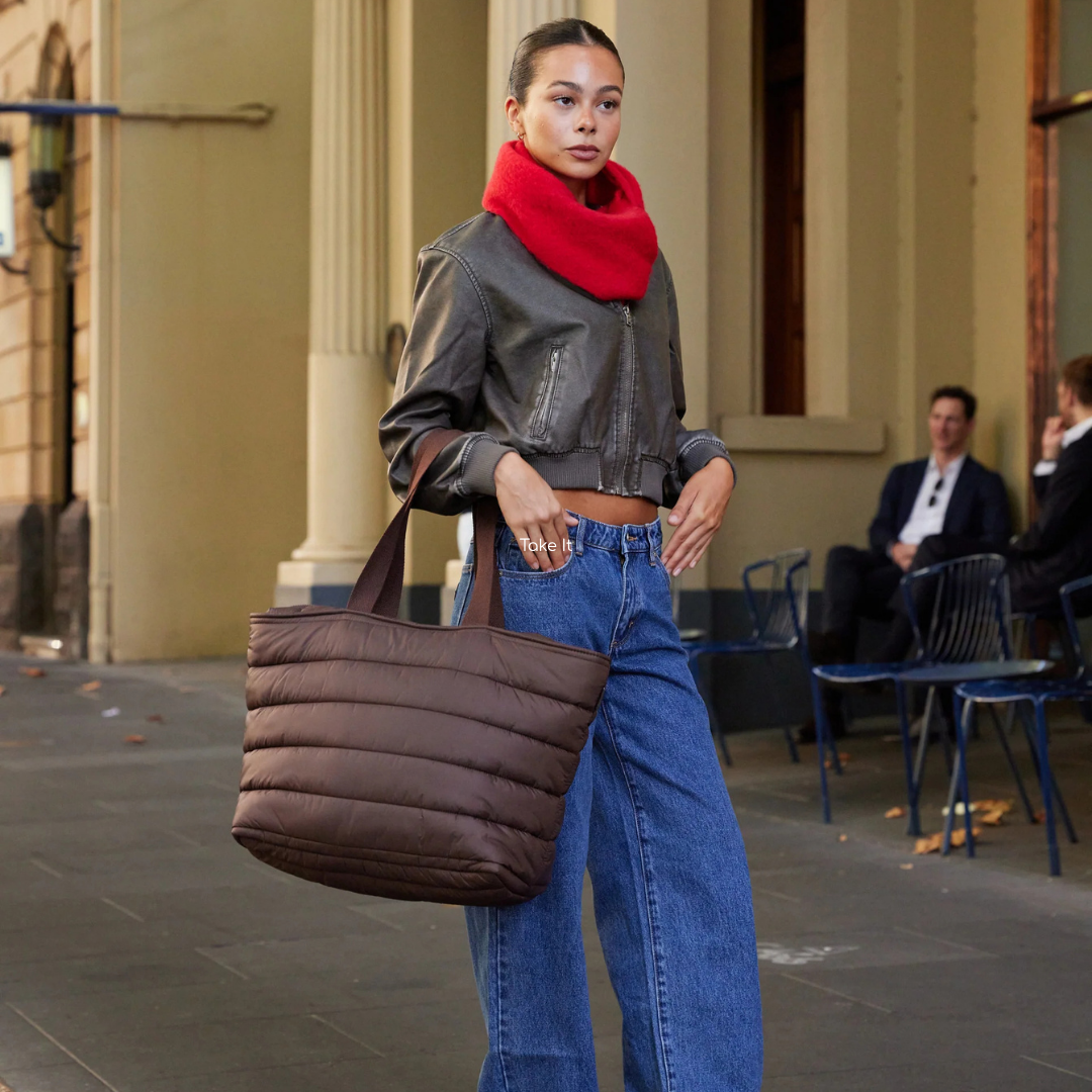 Take it Base Bag - A large soft-as-a-cloud shoulder bag for days on the go or weekends away - Chocolate bag pictured being carried on forearm - Stocked at LOVINLIFE Co Byron Bay for all your gifts, candles and interior decorating needs