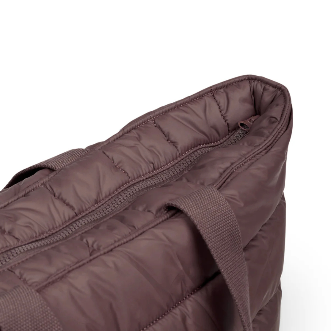 Take it Base Bag - A large soft-as-a-cloud shoulder bag for days on the go or weekends away - Chocolate bag pictured, close up of zip - Stocked at LOVINLIFE Co Byron Bay for all your gifts, candles and interior decorating needs