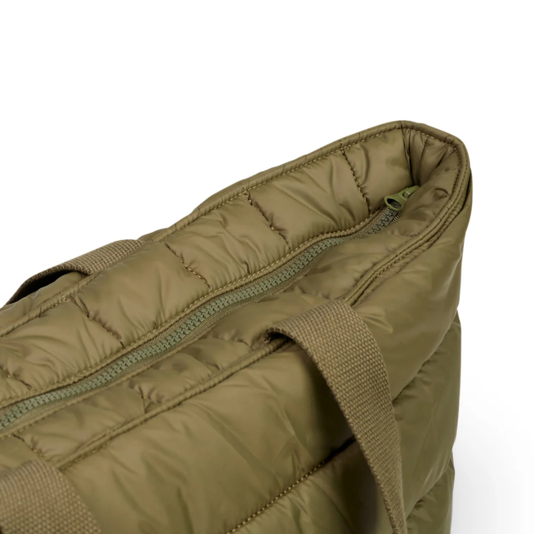 Take it Base Bag - A large soft-as-a-cloud shoulder bag for days on the go or weekends away - Khaki bag pictured , close up of fabric and zipper - Stocked at LOVINLIFE Co Byron Bay for all your gifts, candles and interior decorating needs