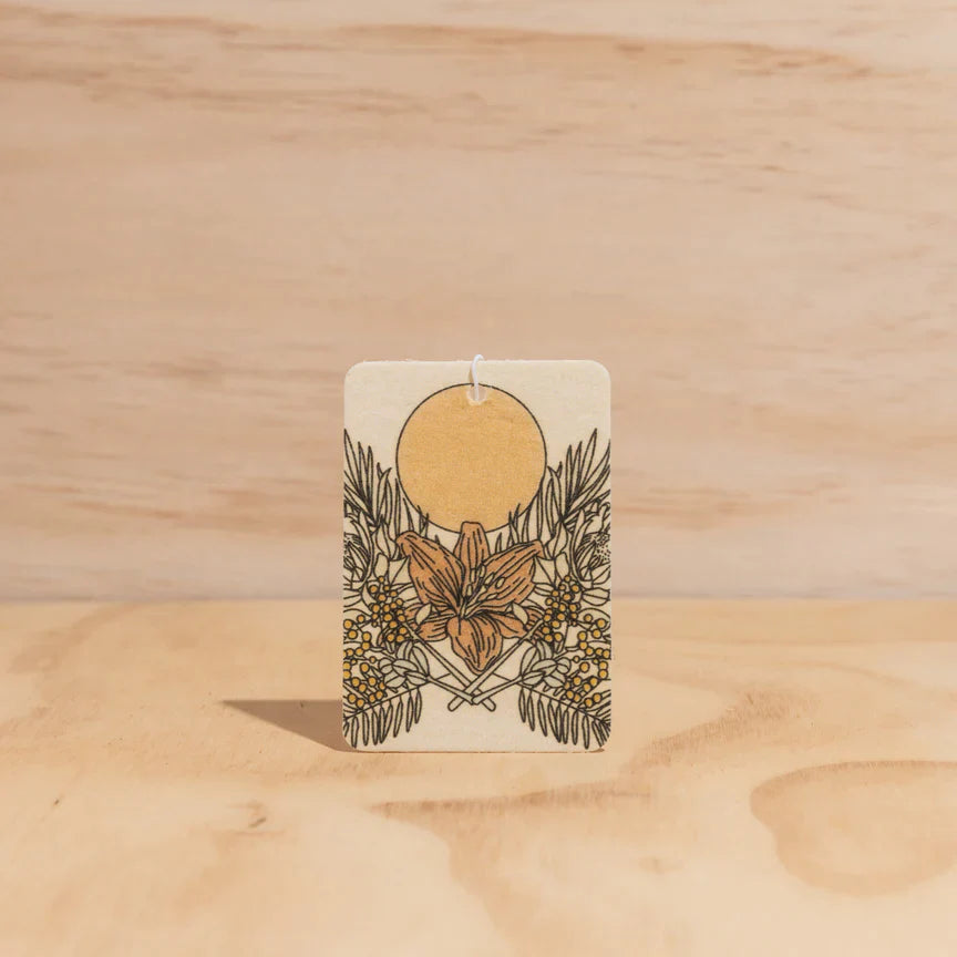 Summer design Air Freshener tags - Made from 100% post-consumer materials - Mali scent Blends coconut and lime sublime, take me for cocktails on the beach, with a summer breeze and palm trees - Florality tag pictured - Stocked at LOVINLIFE Co Byron Bay for all your gifts, candles and interior decorating needs